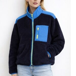 J.Crew Superplush Sherpa Full-Zip Jacket in Navy Blue with Color Blocking